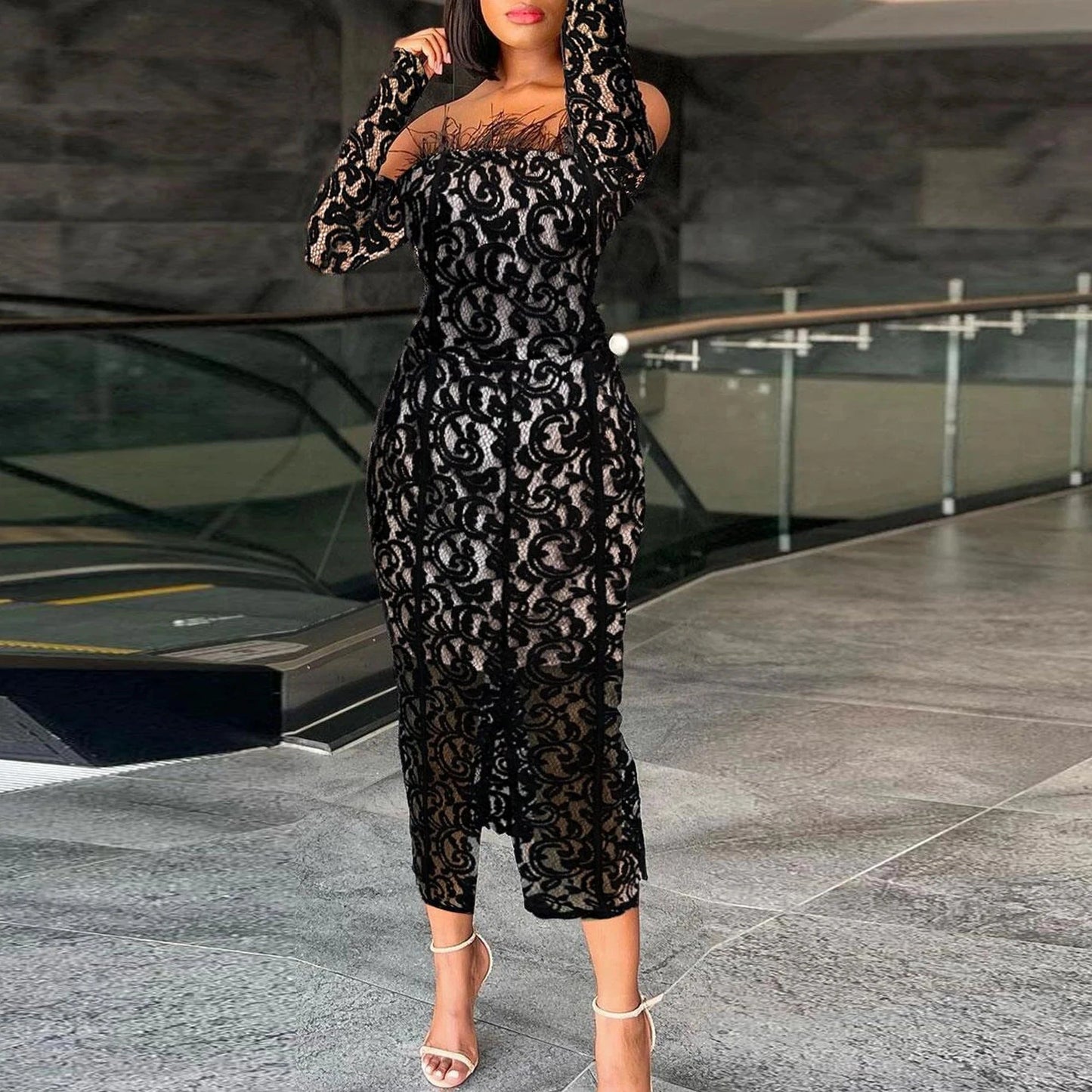 sexy Full length black lace two-pieces prom elegant dress with arm lace sleeves for women