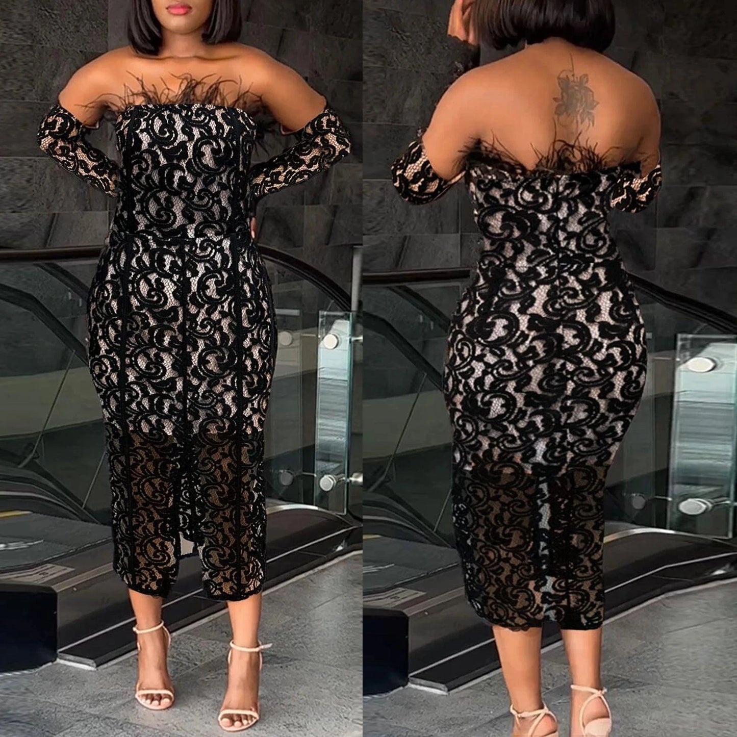 sexy Full length black lace two-pieces prom elegant dress with arm lace sleeves for women