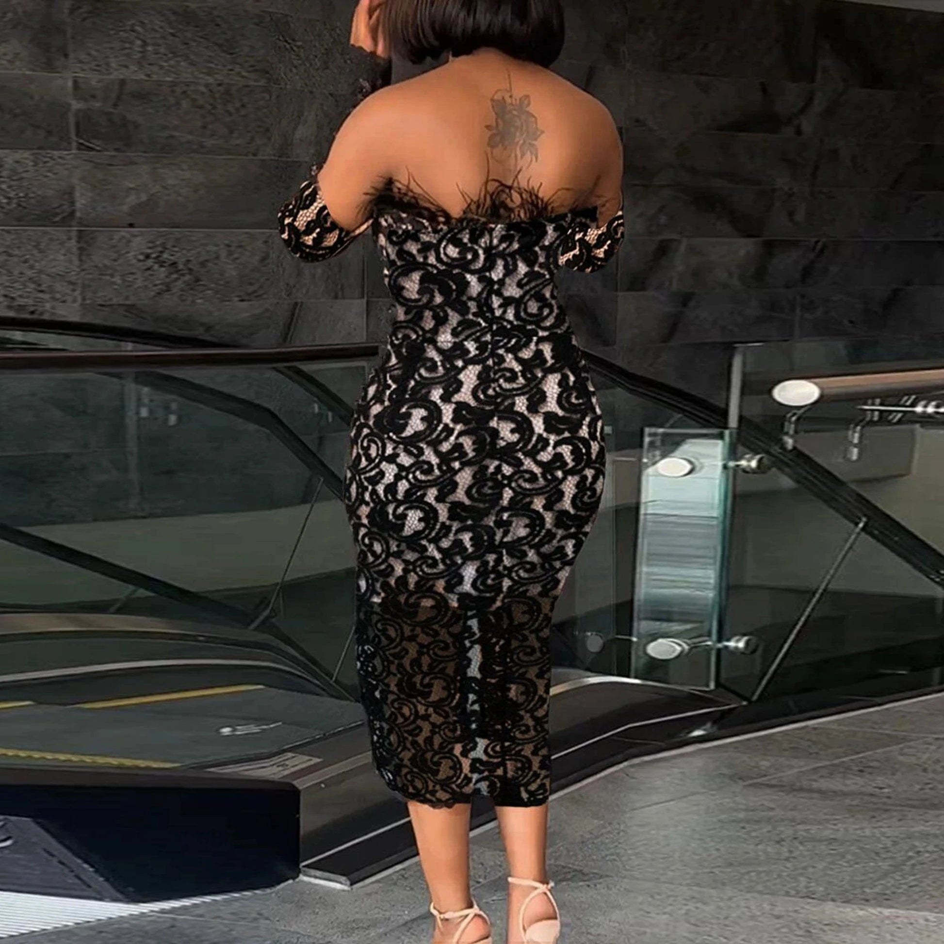 sexy Full length black lace two-pieces prom elegant dress with arm lace sleeves for women