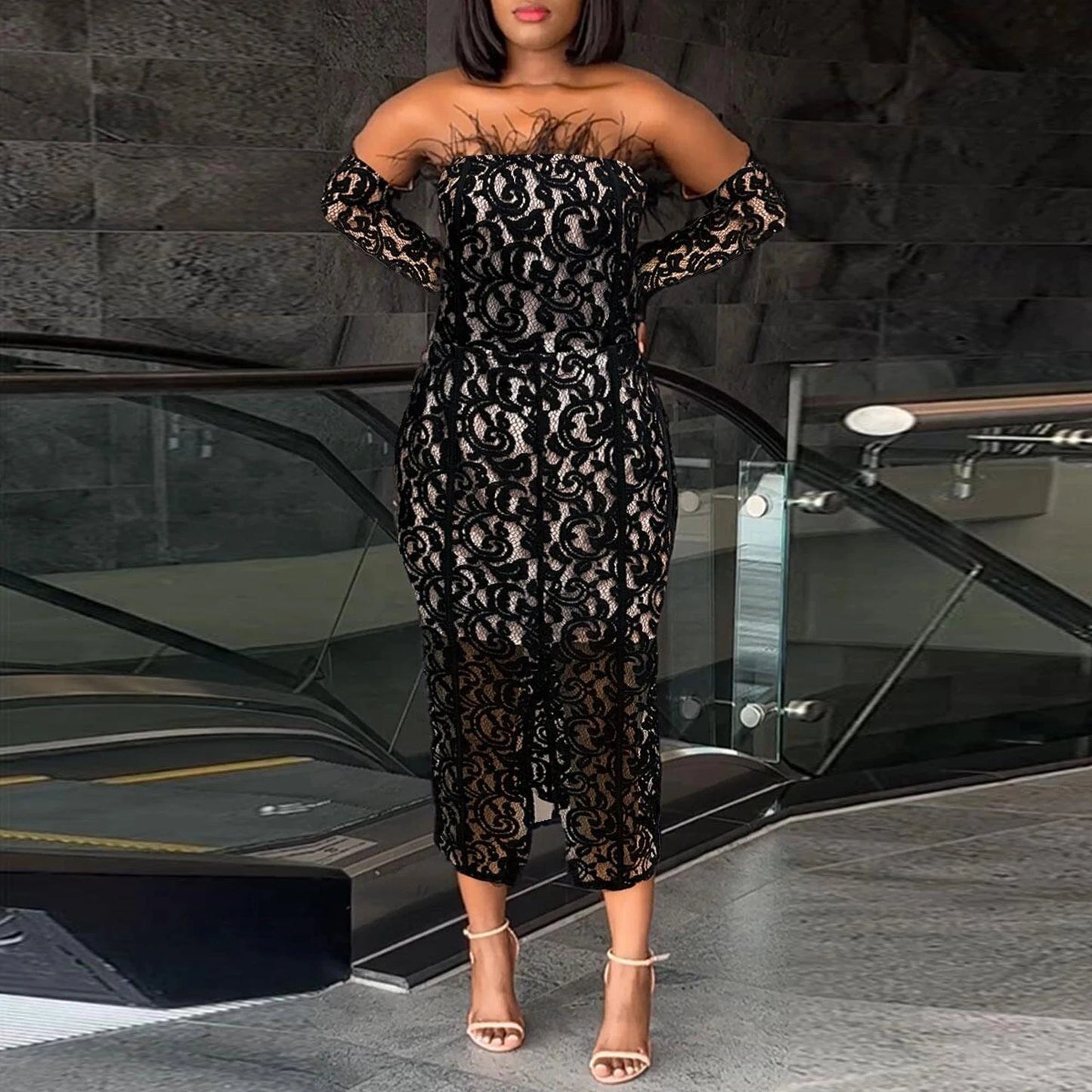 sexy Full length black lace two-pieces prom elegant dress with arm lace sleeves for women