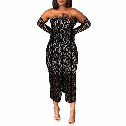 sexy Full length black lace two-pieces prom elegant dress with arm lace sleeves for women