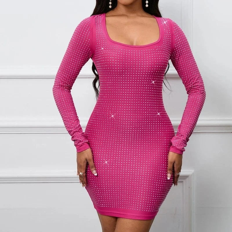 Sexy geometric retro rhinestone high-neck long sleeve bodycon club dresses