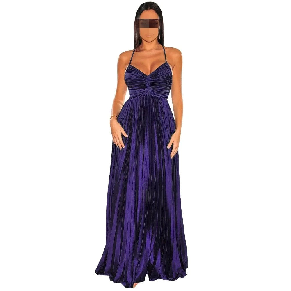 sexy J&H Hot Selling Summer Women Deep Neck Sexy Backless Cross Slip Dress Gradient Pleated Prom Evening Party Long Dresses