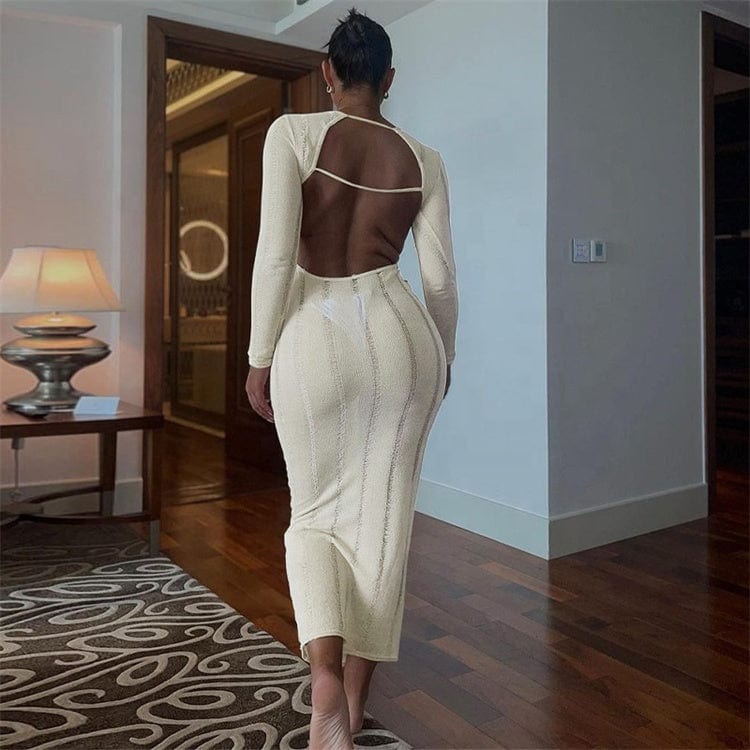 Sexy Knit Hollow Out Bodycon Maxi Dresses Club Outfit For Women 2023 Long Sleeve Backless Party Long Dress