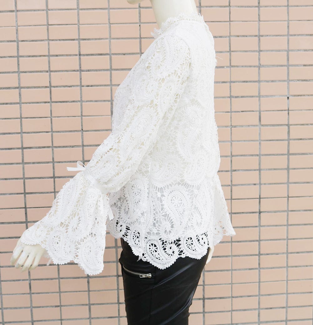 Sexy Lace Hollow Shirt Blouse Woman Spring Fall Fashion Long Sleeve O-neck Shirts Top Femme White Vintage Loose Women Clothing