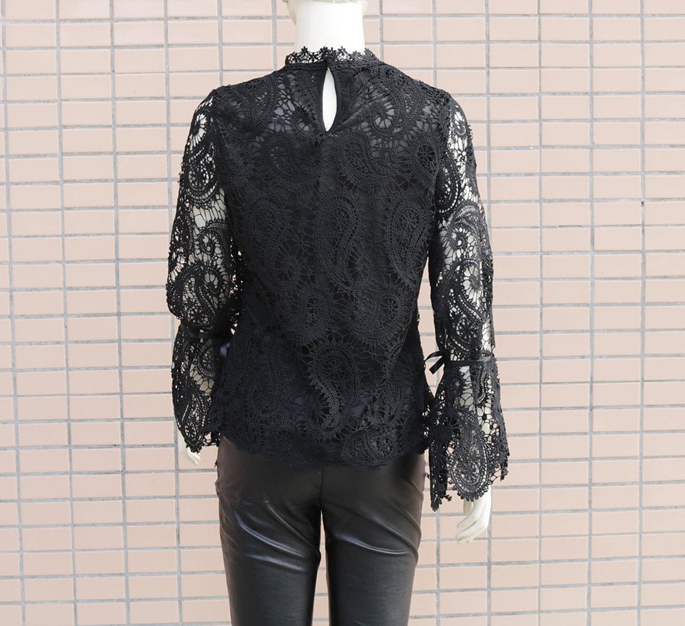 Sexy Lace Hollow Shirt Blouse Woman Spring Fall Fashion Long Sleeve O-neck Shirts Top Femme White Vintage Loose Women Clothing