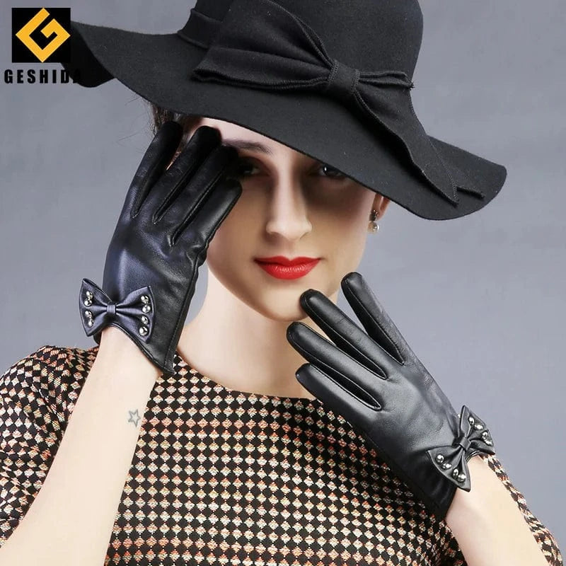 Sexy lady smartphone nails women dress sheepskin leather gloves with bow
