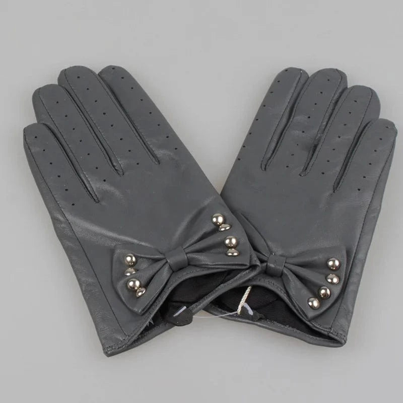 Sexy lady smartphone nails women dress sheepskin leather gloves with bow