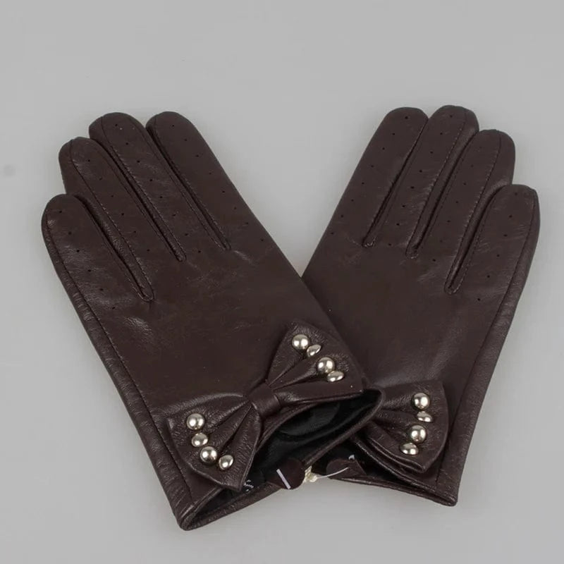 Sexy lady smartphone nails women dress sheepskin leather gloves with bow