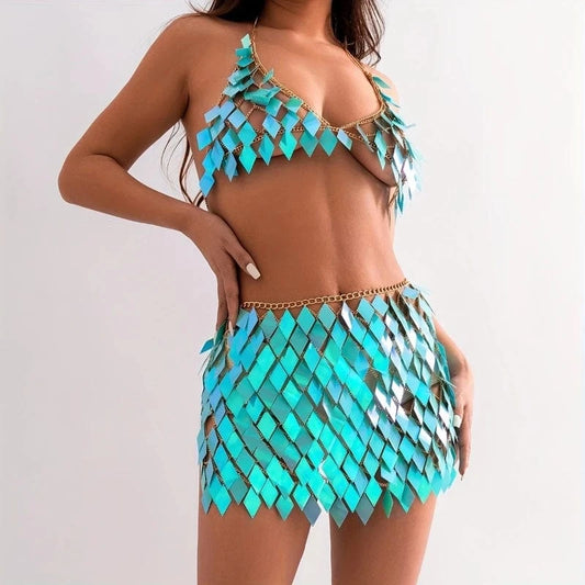 Sexy Lingerie Decoration Chain Geometric Colorful Sequins Tassel Chest Chain & Skirt Carnival Party Clothings Accessories