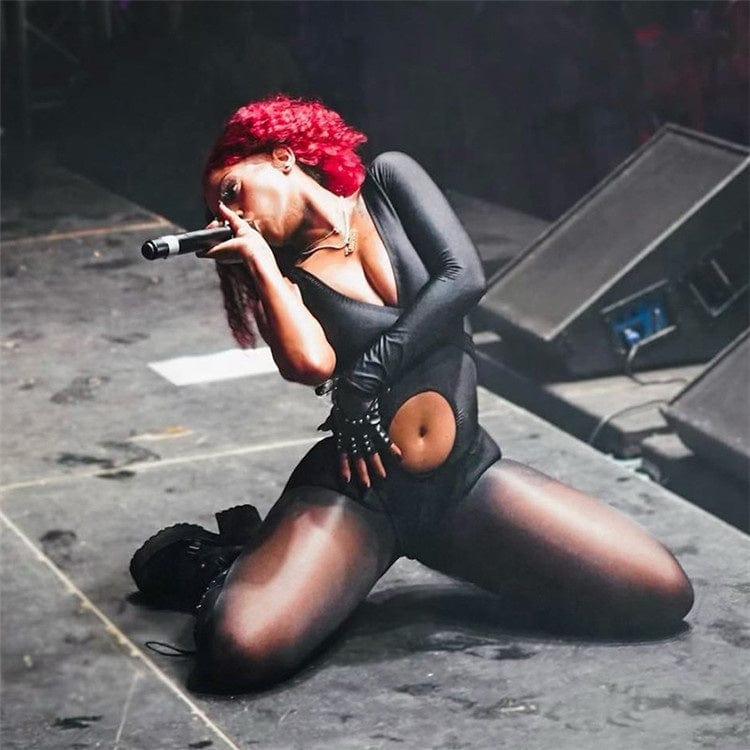 Sexy Mesh Patchwork Bodycon Rompers Womens Jumpsuits V Neck Long Sleeve Jumpsuits Black One Piece Outfits