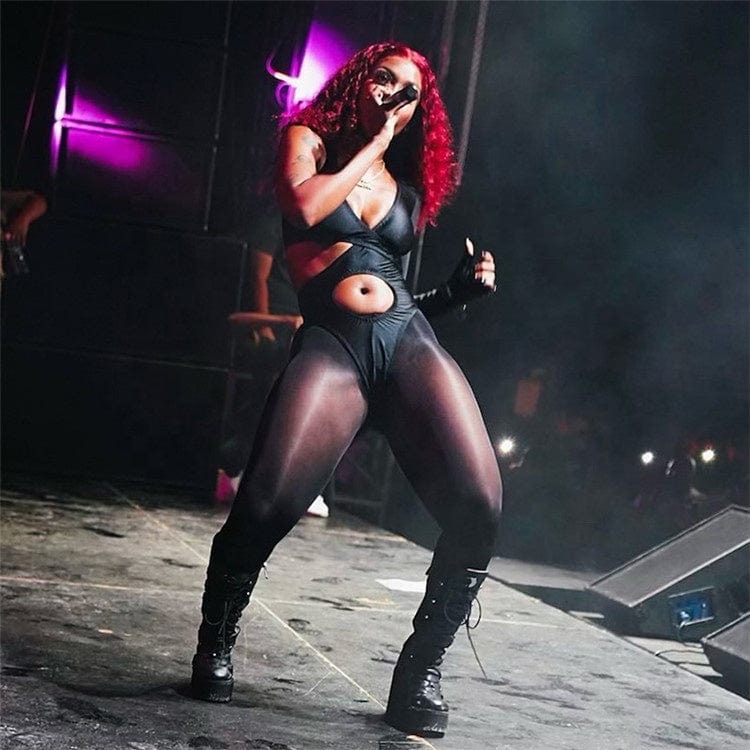 Sexy Mesh Patchwork Bodycon Rompers Womens Jumpsuits V Neck Long Sleeve Jumpsuits Black One Piece Outfits