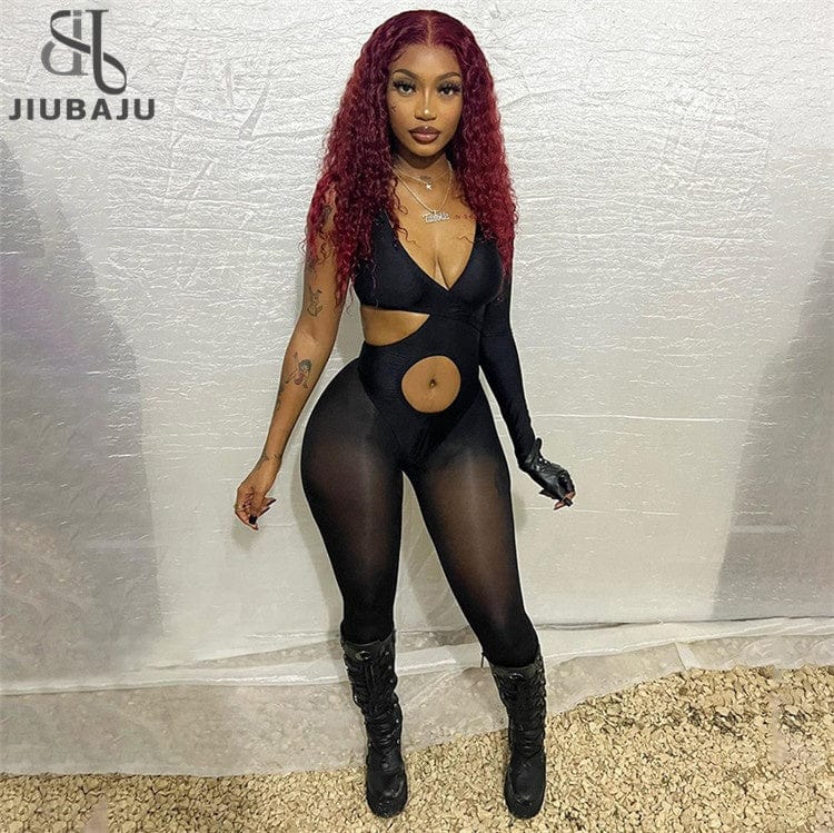 Sexy Mesh Patchwork Bodycon Rompers Womens Jumpsuits V Neck Long Sleeve Jumpsuits Black One Piece Outfits
