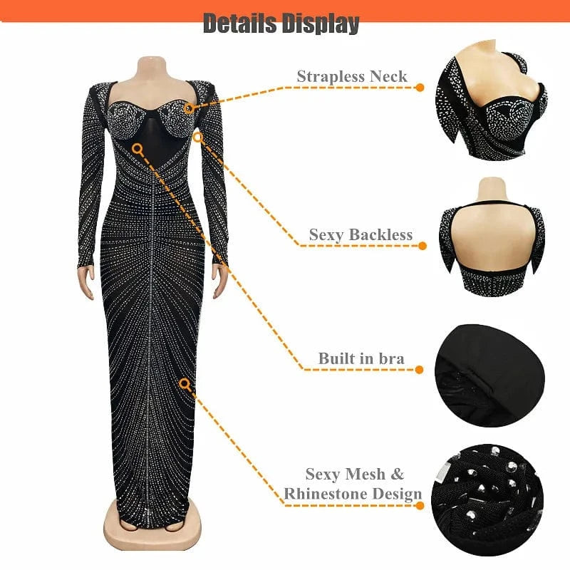Sexy Mesh Rhinestone Crystal Maxi Dress New Women Long Sleeve Sheer Skinny Night Club Long Dress