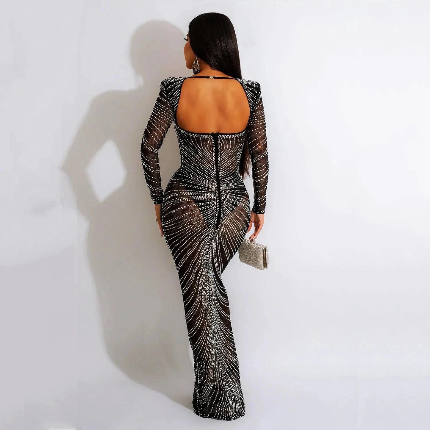 Sexy Mesh Rhinestone Crystal Maxi Dress New Women Long Sleeve Sheer Skinny Night Club Long Dress