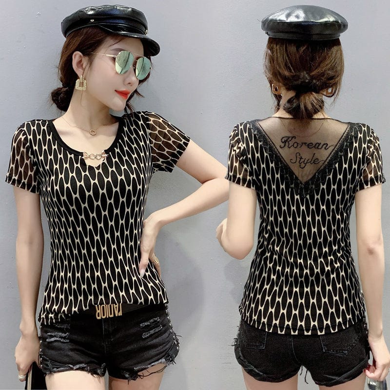 Sexy Mesh T-shirt Women Summer Print Leopard O-neck Hollow Out Transparent Back Slim Stretchy Tops Tees Short Sleeve T25605