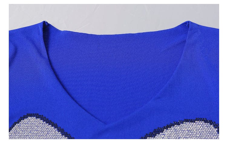 Sexy Mesh T-shirt Women Summer V-neck Handmade Diamonds Beading Bow Slim Stretchy Women Tops Tees Black Blue Short Sleeve T25602