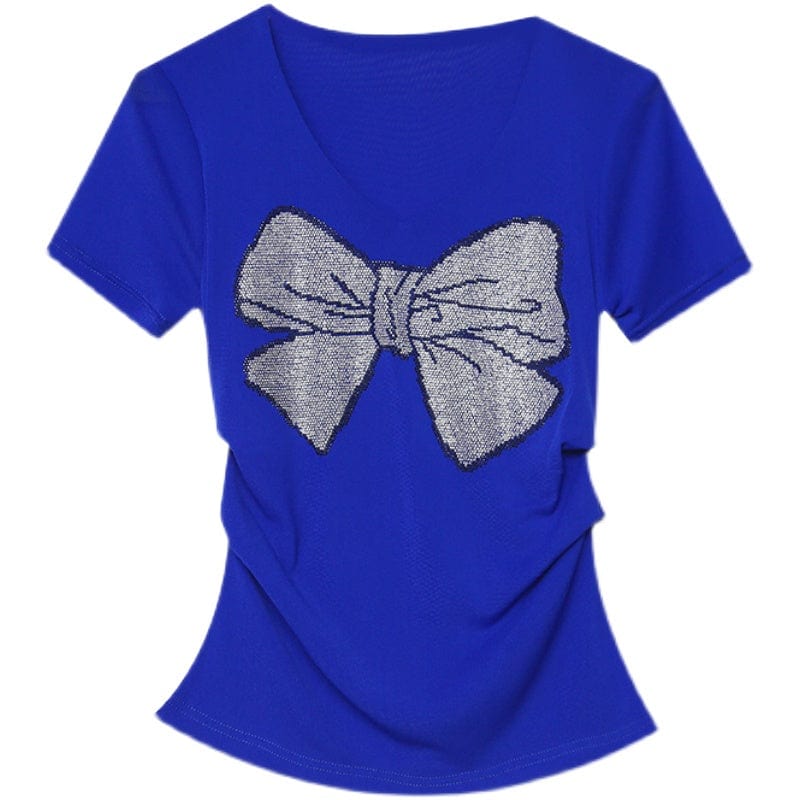 Sexy Mesh T-shirt Women Summer V-neck Handmade Diamonds Beading Bow Slim Stretchy Women Tops Tees Black Blue Short Sleeve T25602