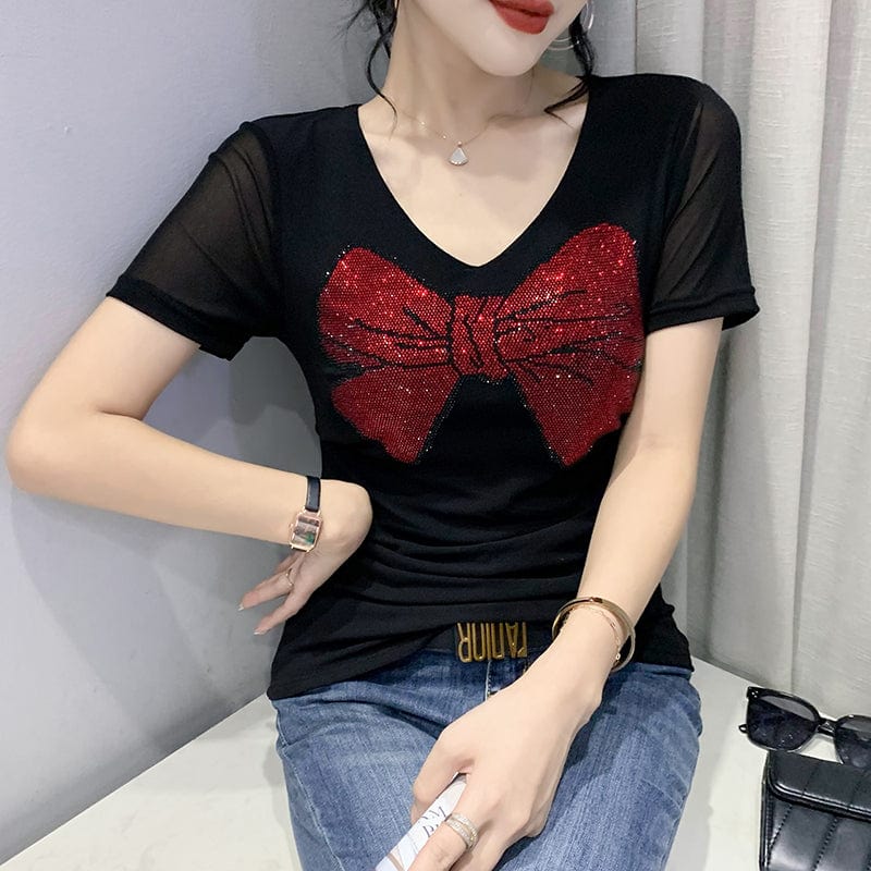 Sexy Mesh T-shirt Women Summer V-neck Handmade Diamonds Beading Bow Slim Stretchy Women Tops Tees Black Blue Short Sleeve T25602