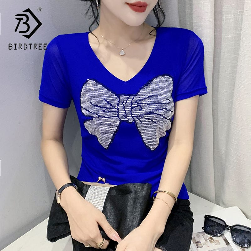 Sexy Mesh T-shirt Women Summer V-neck Handmade Diamonds Beading Bow Slim Stretchy Women Tops Tees Black Blue Short Sleeve T25602