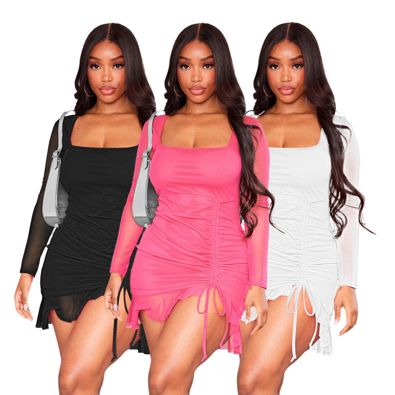 Sexy mini dress with square neck mesh and ruffles
