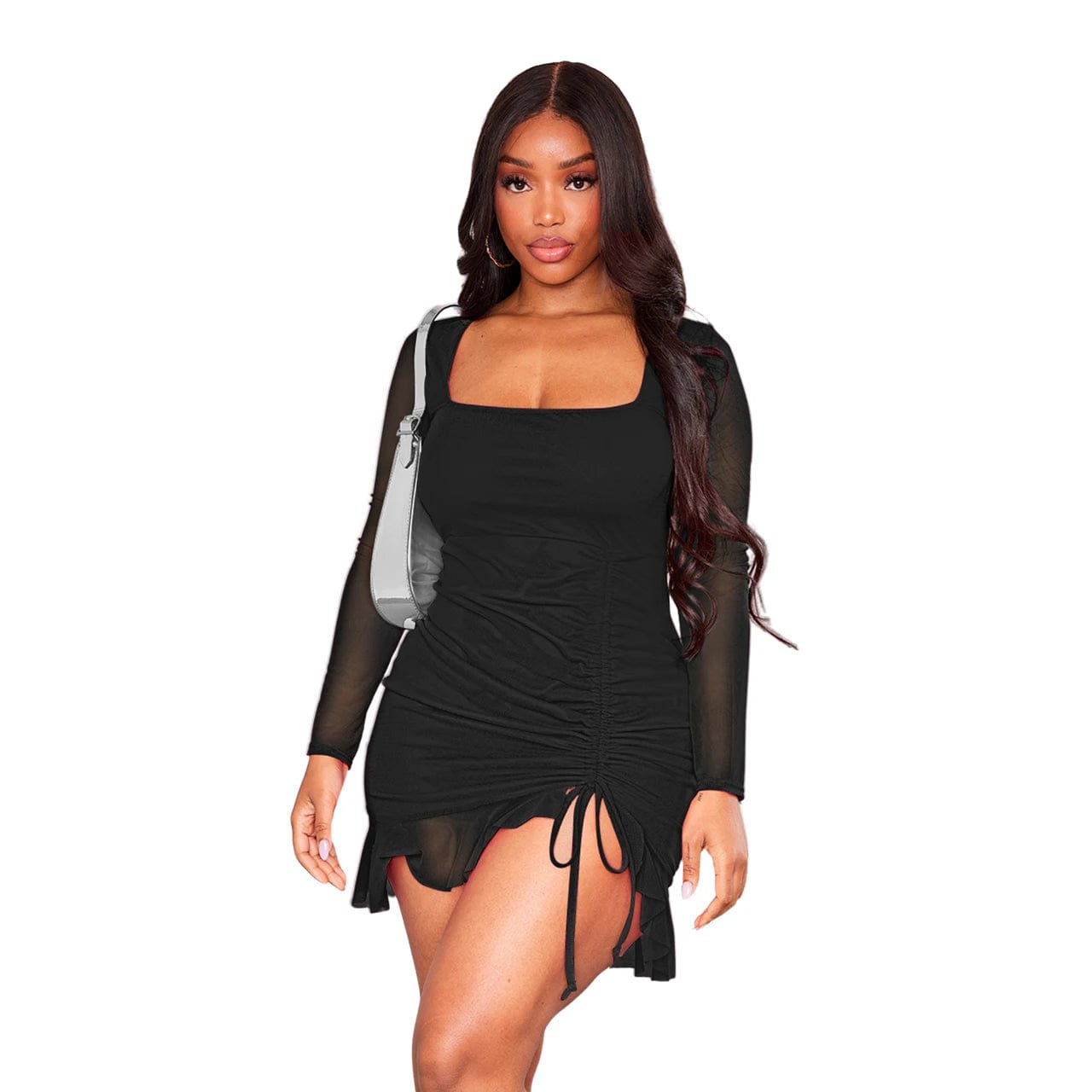 Sexy mini dress with square neck mesh and ruffles