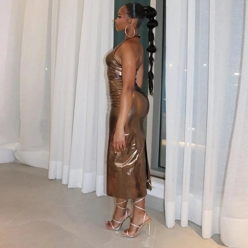 Sexy modest shiny plunge v neck metallic bodycon maxi dress with sleeves