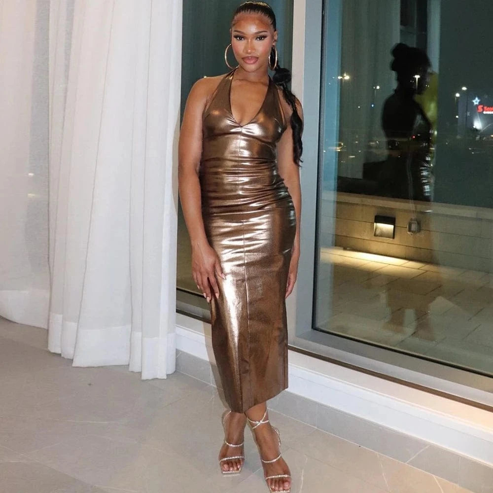 Sexy modest shiny plunge v neck metallic bodycon maxi dress with sleeves