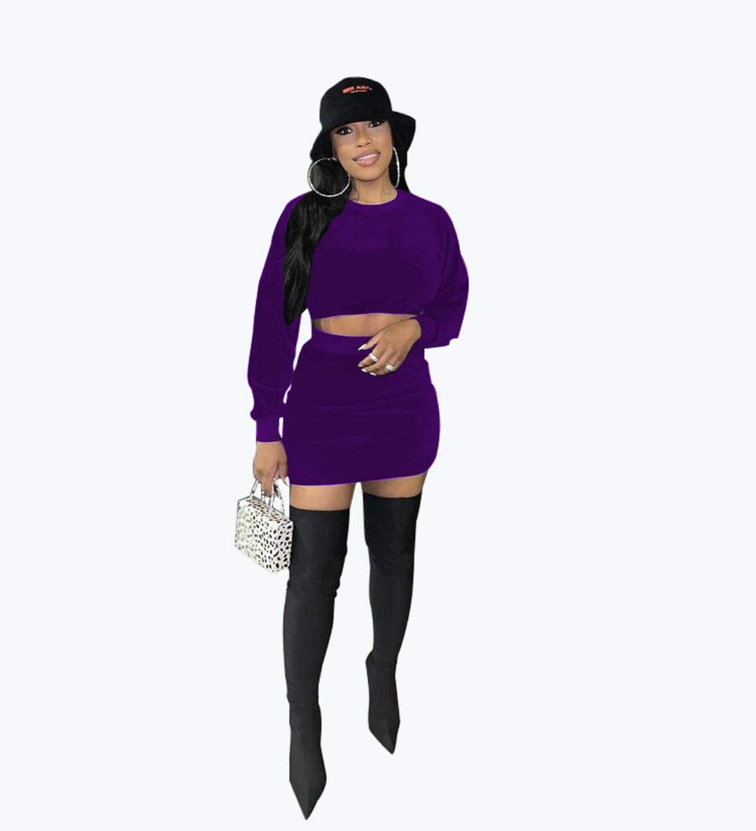 Sexy navel korean velvet long-sleeve solid color round neck skirt suit