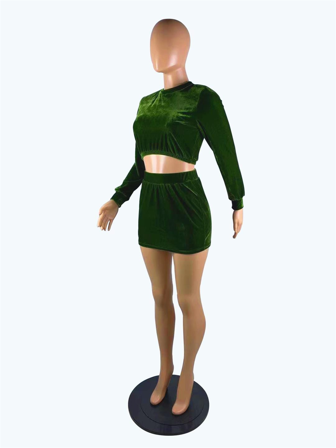 Sexy navel korean velvet long-sleeve solid color round neck skirt suit