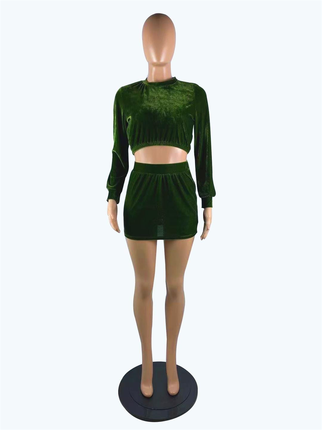 Sexy navel korean velvet long-sleeve solid color round neck skirt suit