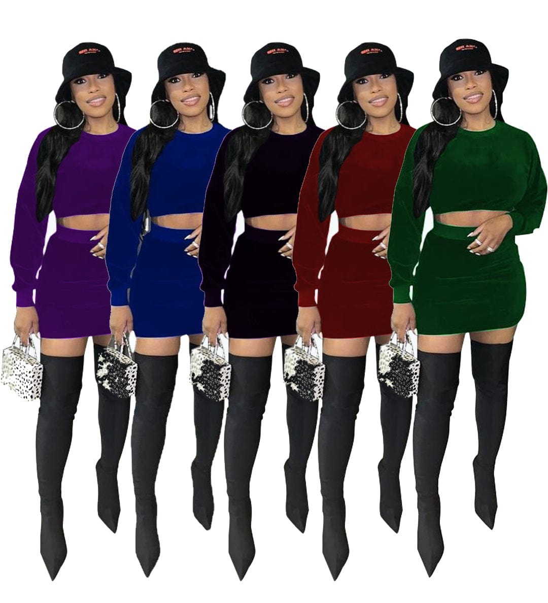Sexy navel korean velvet long-sleeve solid color round neck skirt suit