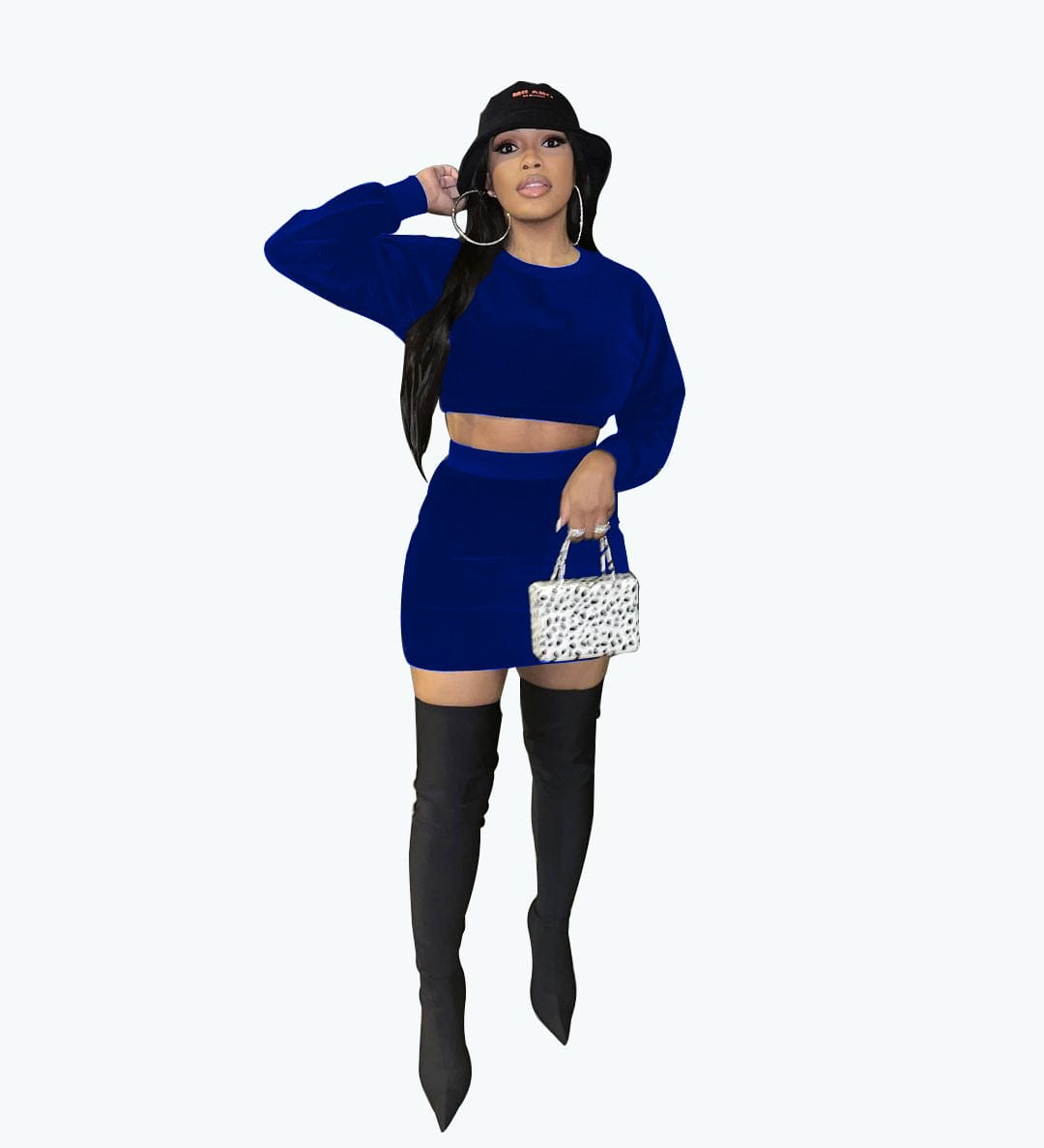 Sexy navel korean velvet long-sleeve solid color round neck skirt suit