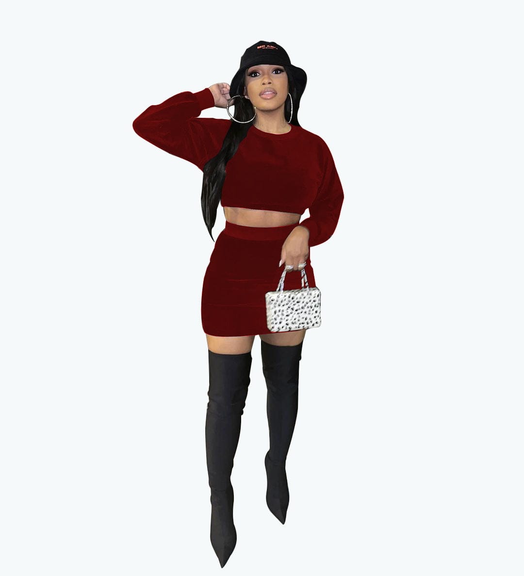 Sexy navel korean velvet long-sleeve solid color round neck skirt suit