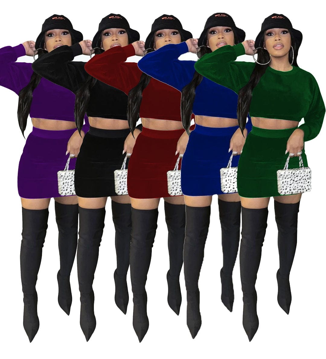Sexy navel korean velvet long-sleeve solid color round neck skirt suit