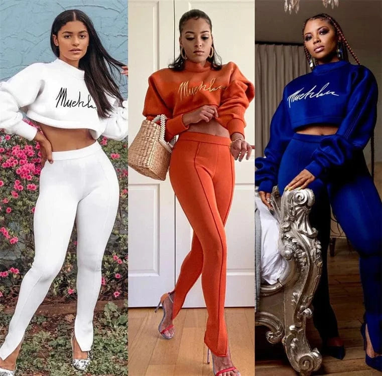 Sexy Navel Two Piece Sets Women Clothing Embroidery Long Sleeve 2 Piece Pants Set for Ladies