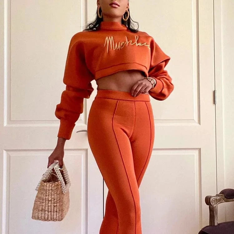 Sexy Navel Two Piece Sets Women Clothing Embroidery Long Sleeve 2 Piece Pants Set for Ladies