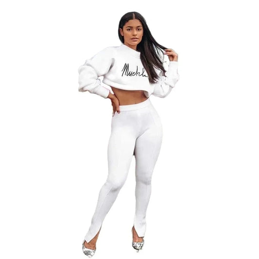 Sexy Navel Two Piece Sets Women Clothing Embroidery Long Sleeve 2 Piece Pants Set for Ladies