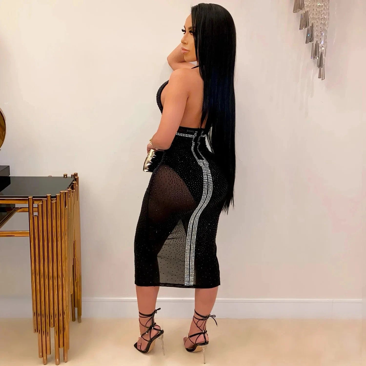 Sexy New Spring Summer Halter Sequined Slit Skinny Midi Dress Fashion Women Hot Sheer Layer Backless Night Club Dress