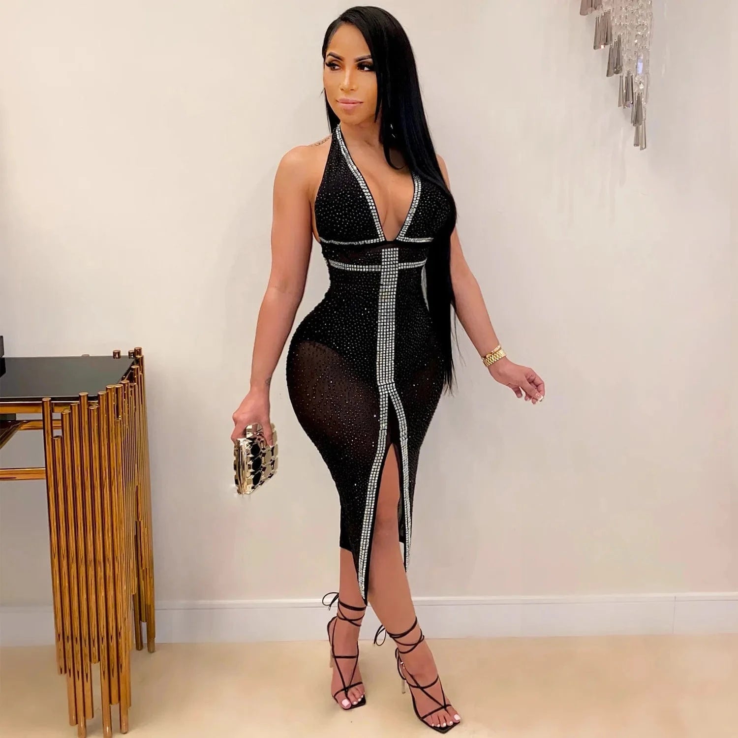 Sexy New Spring Summer Halter Sequined Slit Skinny Midi Dress Fashion Women Hot Sheer Layer Backless Night Club Dress