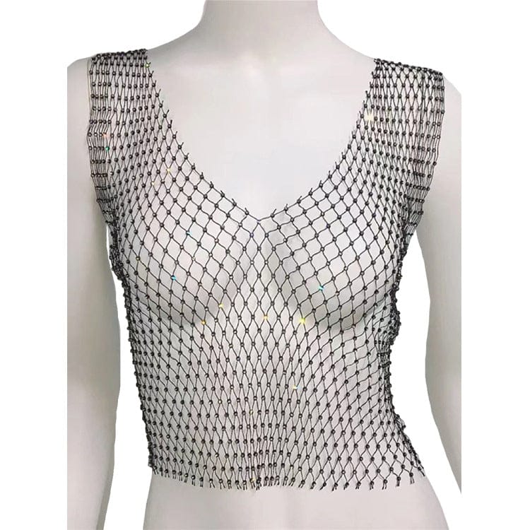 Sexy Nightclub Fishnet Hollowed Out Iridescence Sheer Mesh V-neck Rhinestone Tank Tops Custom