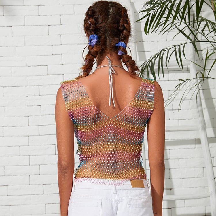 Sexy Nightclub Fishnet Hollowed Out Iridescence Sheer Mesh V-neck Rhinestone Tank Tops Custom