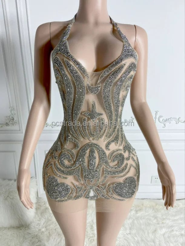sexy Ocstrade Vestido Halter Neck Sleeveless Backless Sexy Short Prom Dresses Silver Rhinestone Hallow Mini Club Dress Birthday Party
