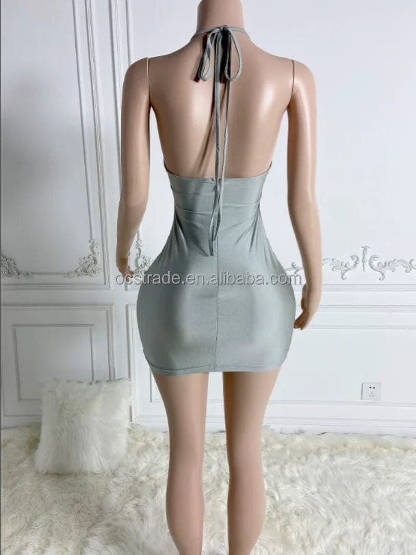 sexy Ocstrade Vestido Halter Neck Sleeveless Backless Sexy Short Prom Dresses Silver Rhinestone Hallow Mini Club Dress Birthday Party