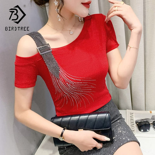 Sexy Off-shoulder T-Shirt Women New Handmade Diamonds Beading Women Tops Tees Slim Stretchy Short Sleeve Summer T25910