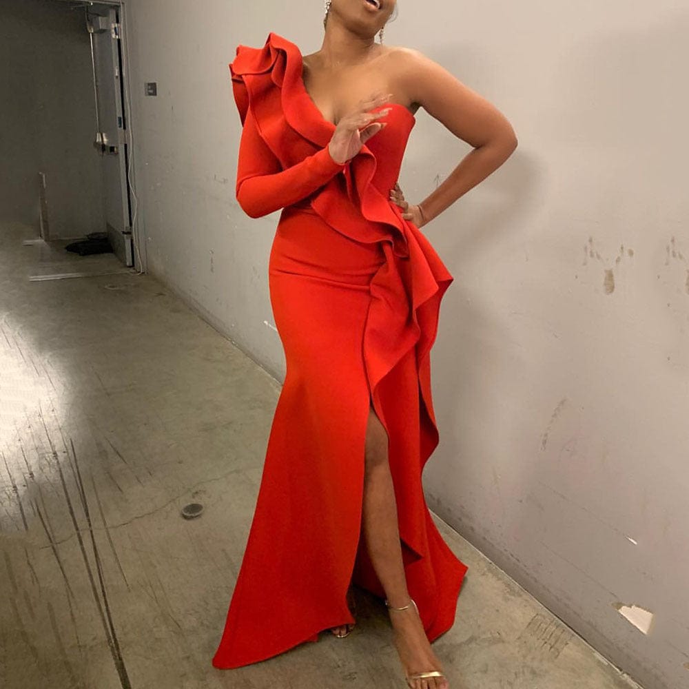 Sexy One Shoulder Backless Asymmetrical Red Maxi Women Evening Dresses
