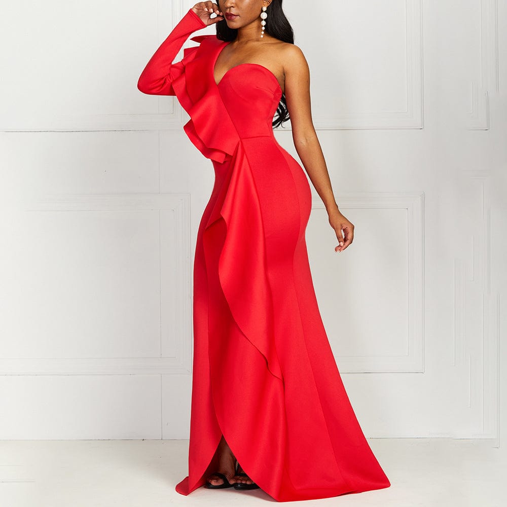 Sexy One Shoulder Backless Asymmetrical Red Maxi Women Evening Dresses