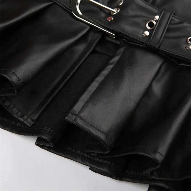 Sexy Pu Leather A-line Pleated Mini Skirt Black Dropped Waist Slit Super-short SKirts With Belt