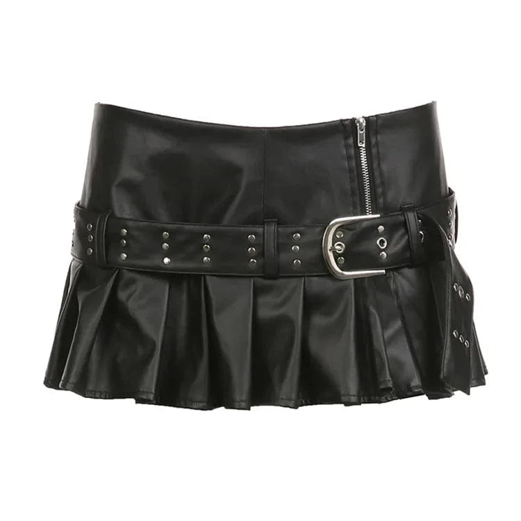 Sexy Pu Leather A-line Pleated Mini Skirt Black Dropped Waist Slit Super-short SKirts With Belt