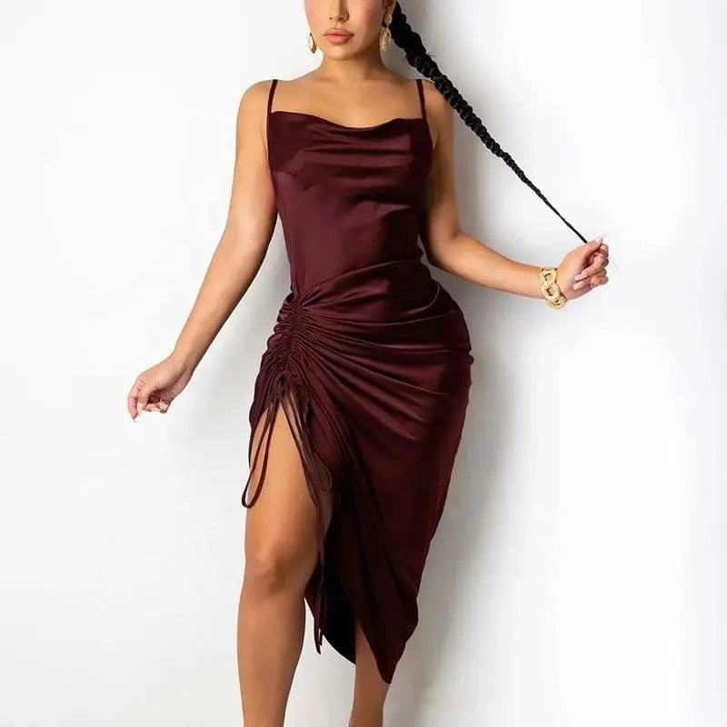 Sexy Ruched Satin Summer Dress Drawstring Spaghetti Straps Cowl Neck Backless Long Dresses for Women Party